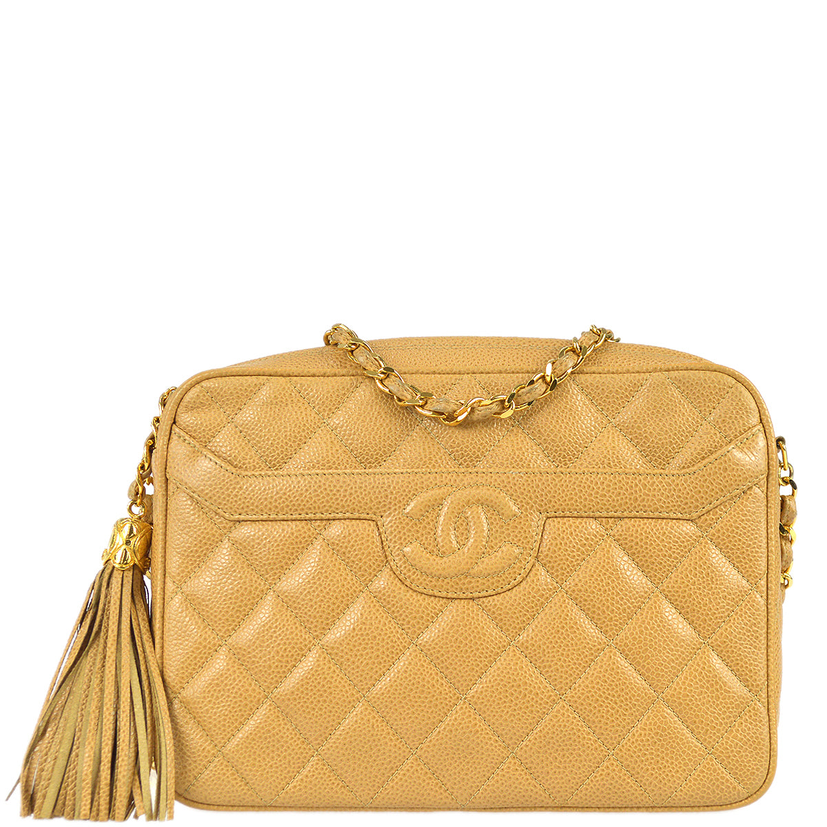 Chanel Chain Fringe Shoulder Bag Beige Caviar