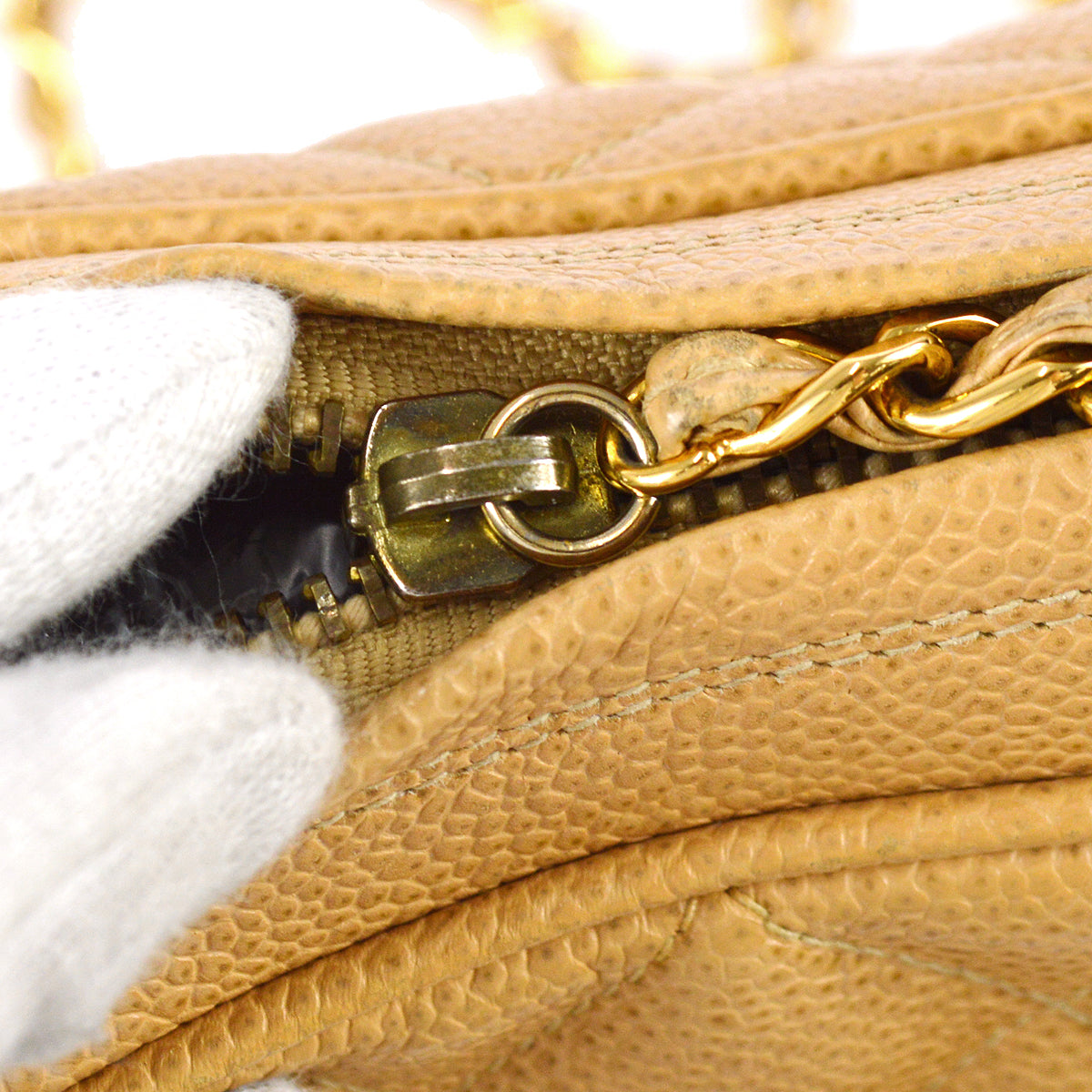 Chanel Chain Fringe Shoulder Bag Beige Caviar