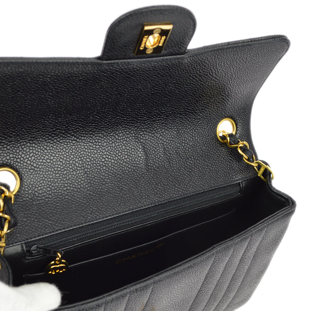 Chanel 1991-1994 Black Caviar Classic Flap Mademoiselle Chain Shoulder Bag