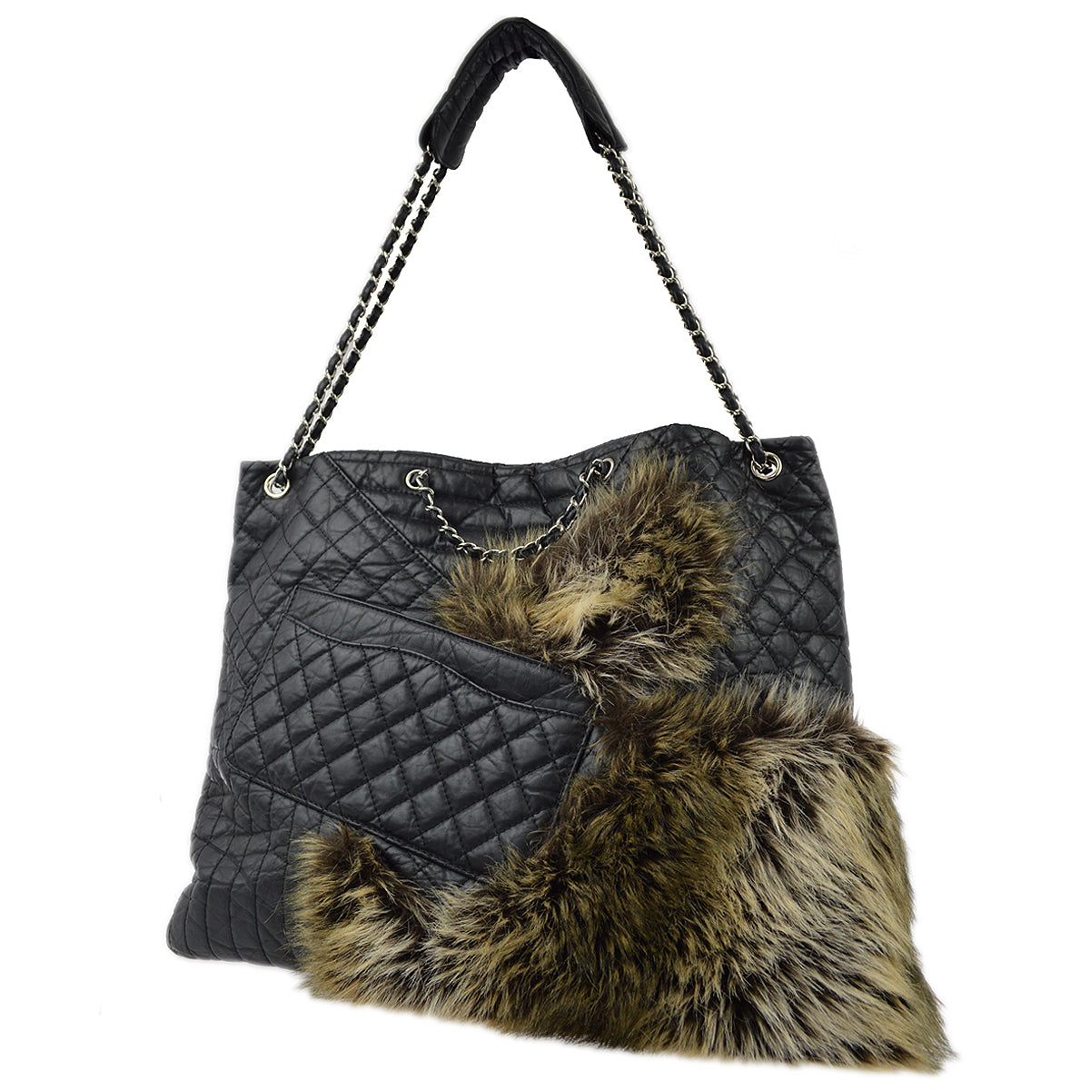 Chanel * 2009-2010 Black Calfskin Fur 2way Shoulder Tote Handbag