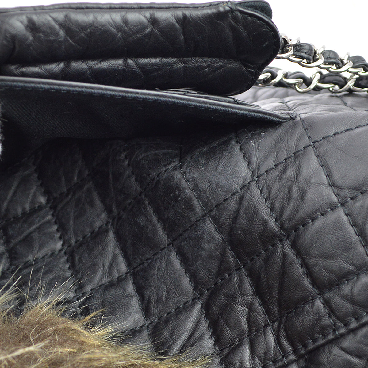Chanel * 2009-2010 Black Calfskin Fur 2way Shoulder Tote Handbag