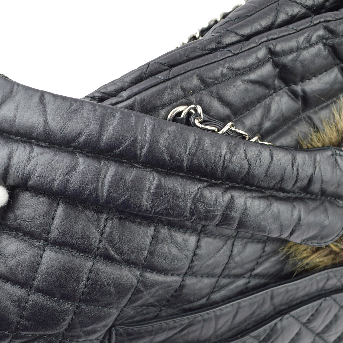 Chanel * 2009-2010 Black Calfskin Fur 2way Shoulder Tote Handbag