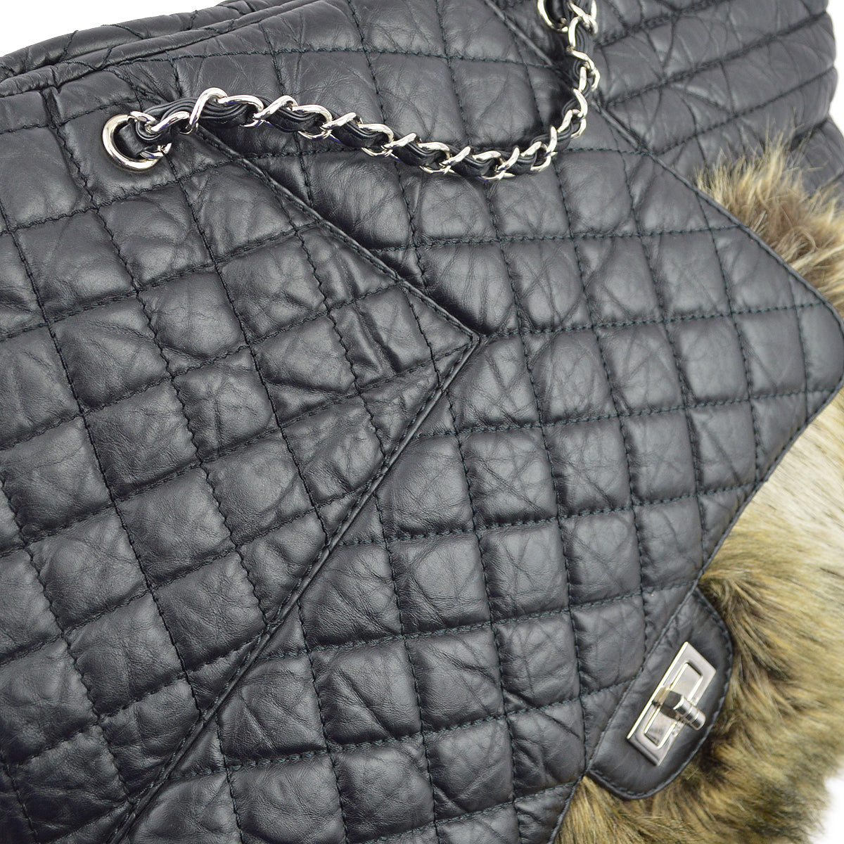 Chanel * 2009-2010 Black Calfskin Fur 2way Shoulder Tote Handbag