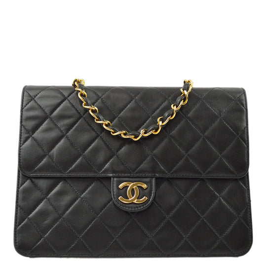 Chanel 1997-1999 Black Lambskin Pushlock Small Half Flap Shoulder Bag
