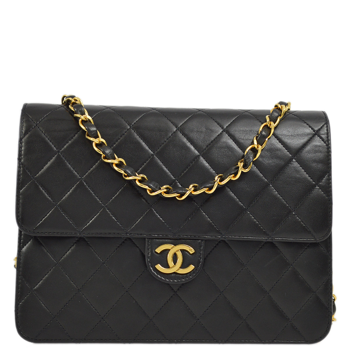 Chanel 1994-1996 Black Lambskin Pushlock Small Half Flap Shoulder Bag