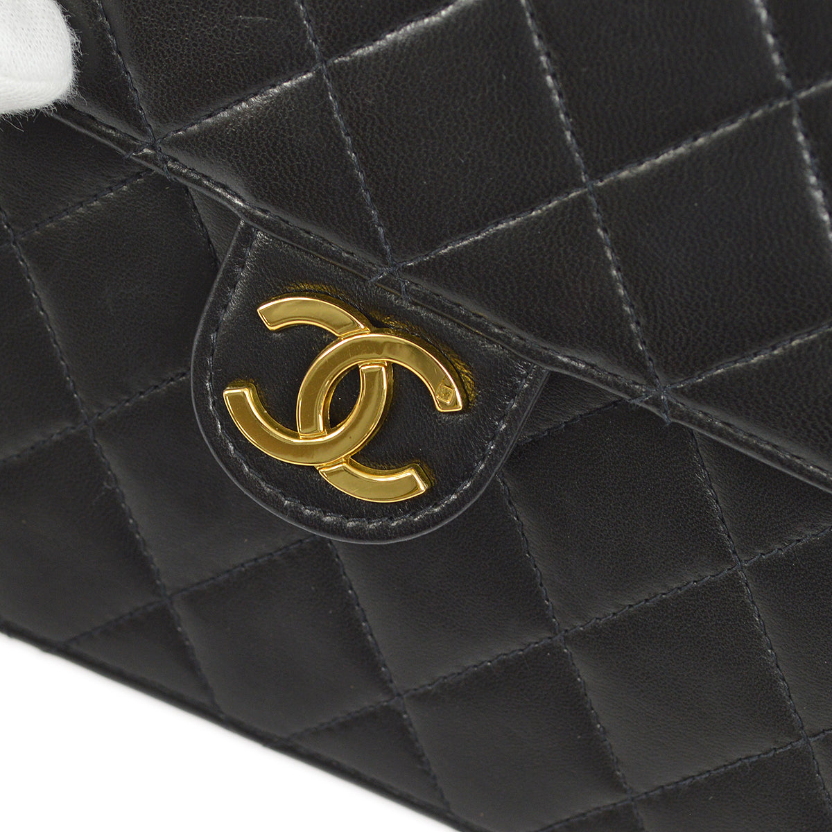 Chanel 1994-1996 Black Lambskin Pushlock Small Half Flap Shoulder Bag