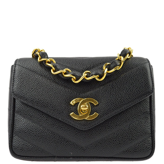 Chanel 1994-1996 Black Caviar Chevron Mini Square Shoulder Bag 17