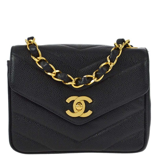 Chanel 1994-1996 Black Caviar Chevron Mini Square Shoulder Bag 17