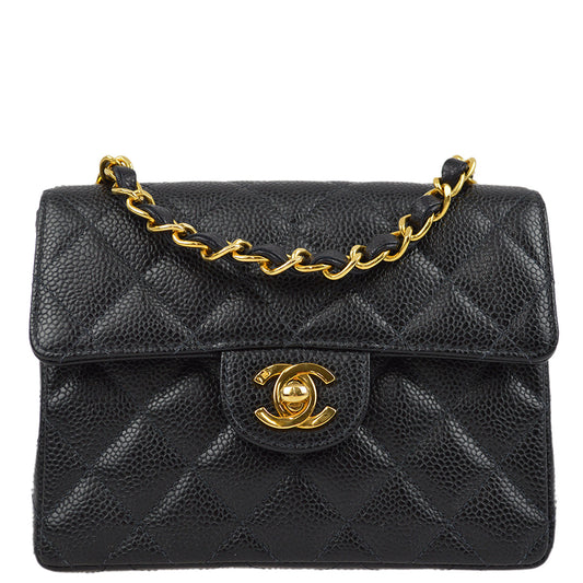 Chanel 2000-2001 Black Caviar Mini Classic Square Flap Shoulder Bag 17