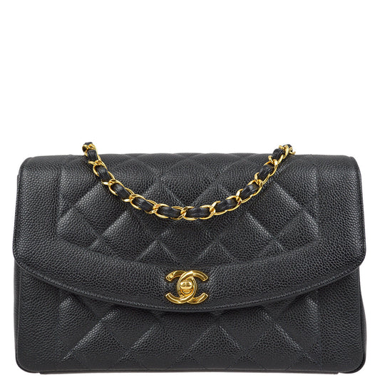 Chanel 1997-1999 Black Caviar Medium Diana Shoulder Bag