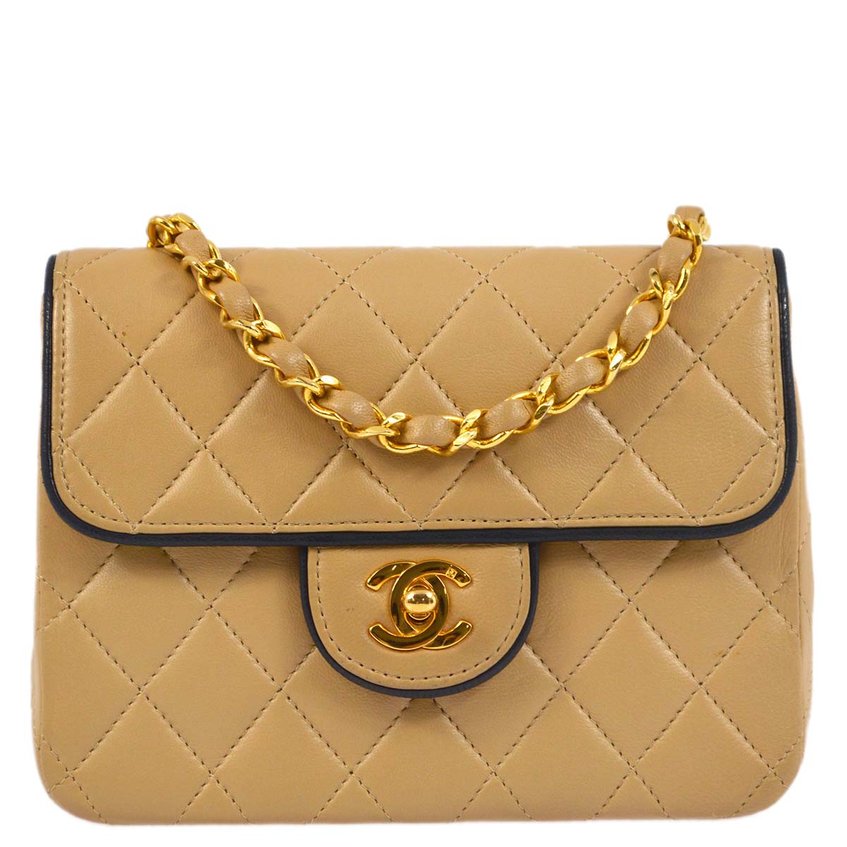 Chanel * 1989-1991 Beige Lambskin Mini Classic Square Flap Shoulder Bag 17