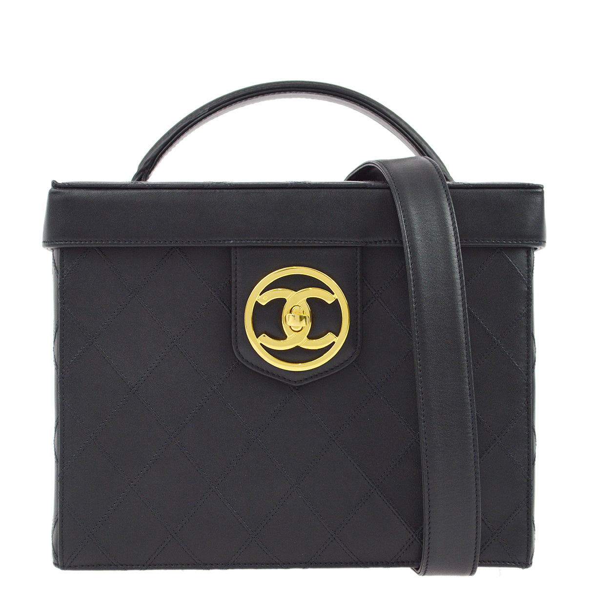 Chanel 1994-1996 Black Lambskin Bicolore Vanity 2way Shoulder Handbag