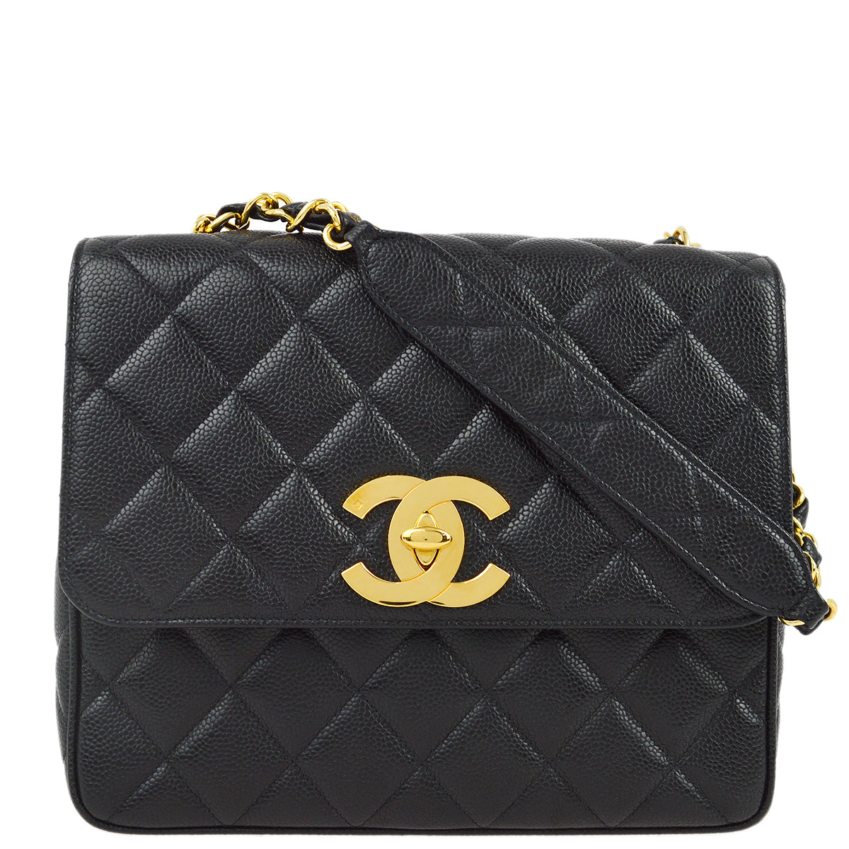 Chanel 1994-1996 Black Caviar Straight Flap Chain Shoulder Bag