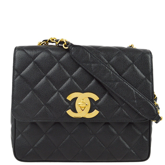 Chanel 1994-1996 Black Caviar Straight Flap Chain Shoulder Bag