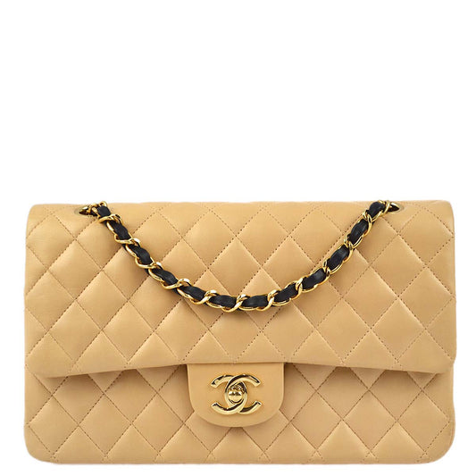 Chanel 2004-2005 Beige Lambskin Medium Classic Double Flap Shoulder Bag