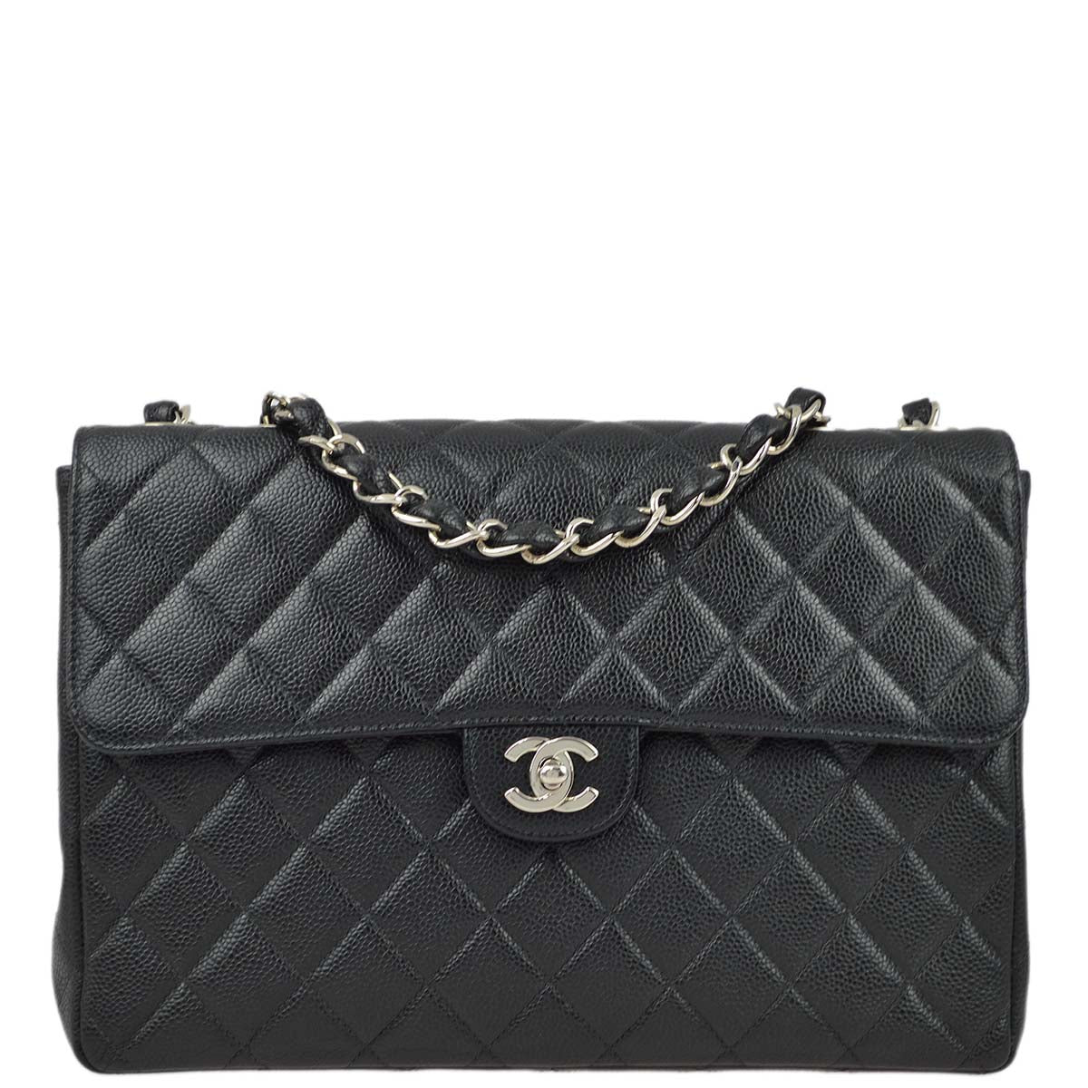 Chanel 2000-2001 Black Caviar Jumbo Classic Flap Shoulder Bag