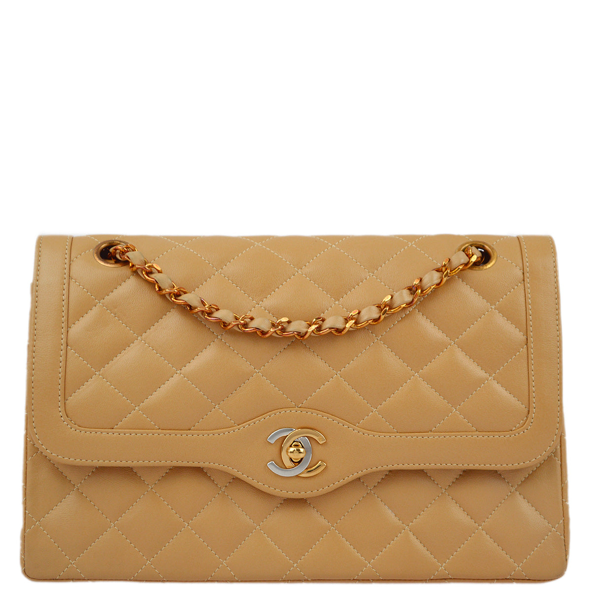 Chanel 1991-1994 Beige Lambskin Paris Limited Medium Double Flap Shoulder Bag