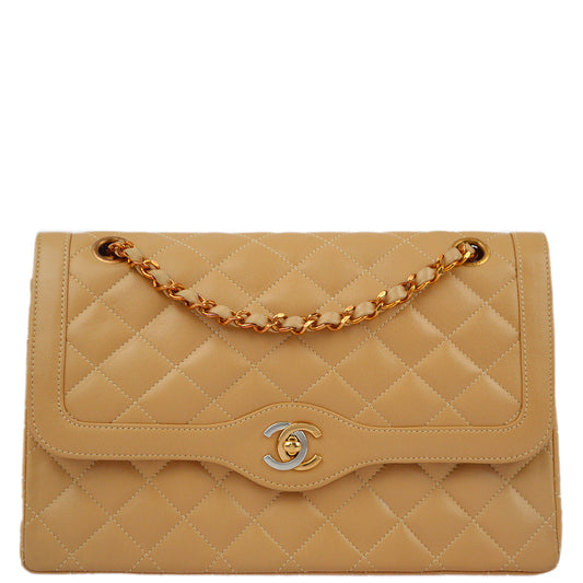 Chanel 1991-1994 Beige Lambskin Paris Limited Medium Double Flap Shoulder Bag