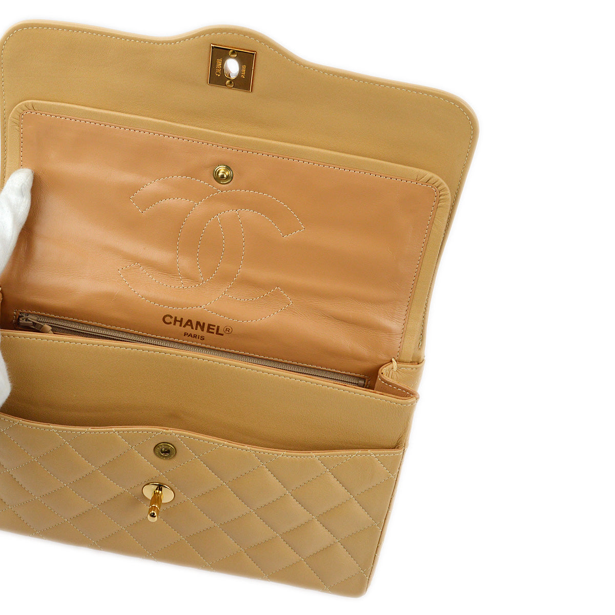 Chanel 1991-1994 Beige Lambskin Paris Limited Medium Double Flap Shoulder Bag