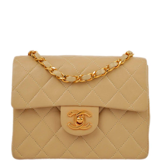 Chanel 1991-1994 Beige Lambskin Mini Classic Square Flap Shoulder Bag 17