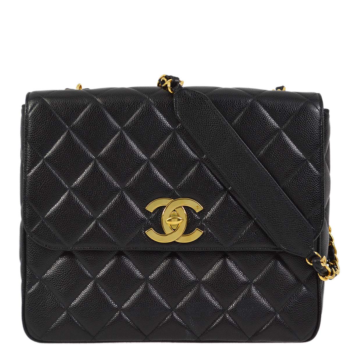 Chanel 1991-1994 Black Caviar Straight Flap Shoulder Bag