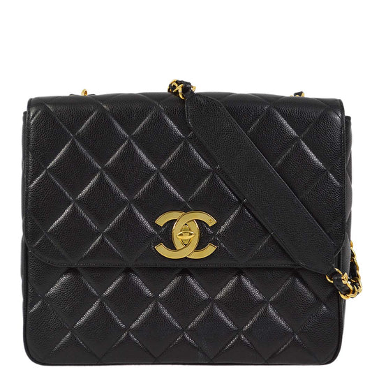 Chanel 1991-1994 Black Caviar Straight Flap Shoulder Bag