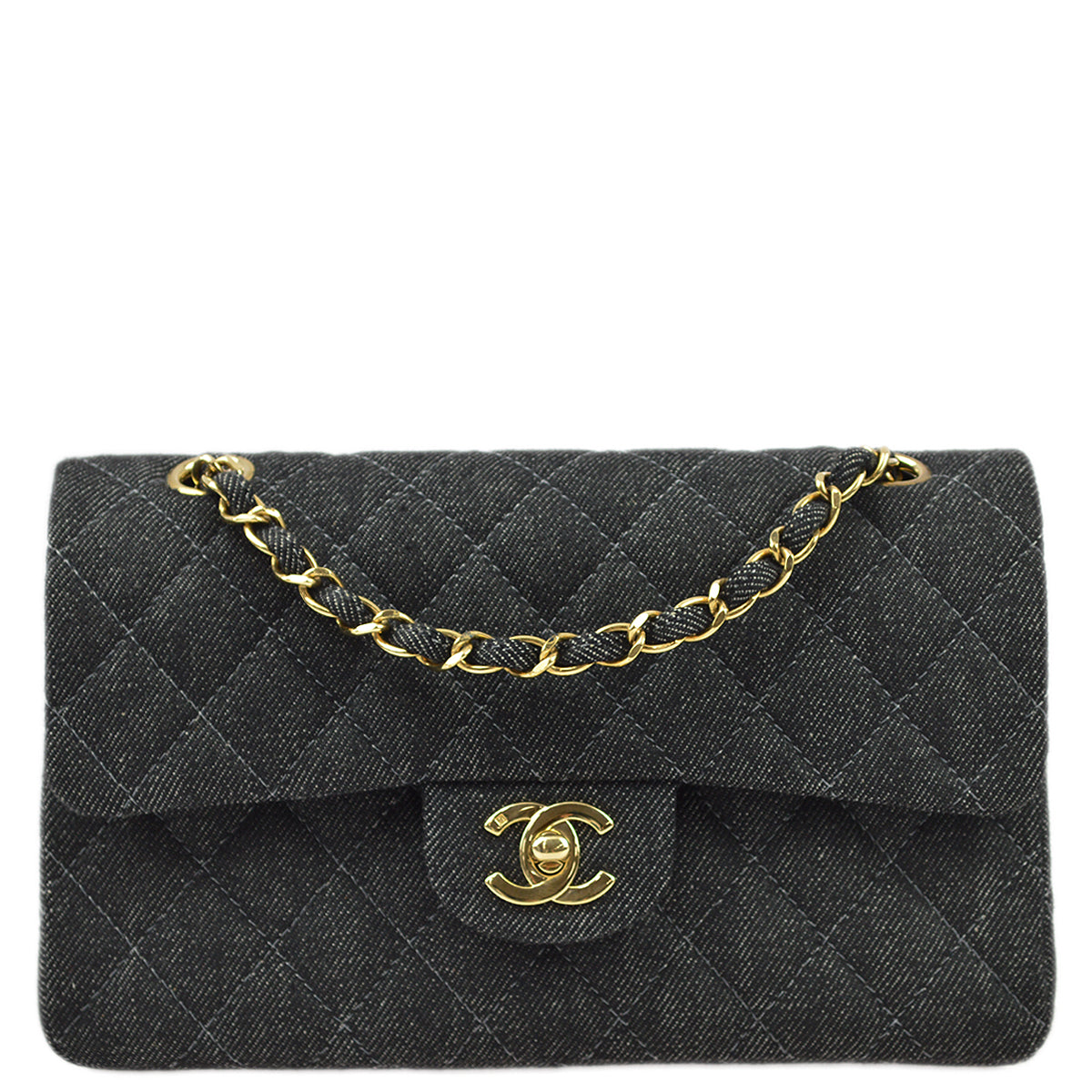 Chanel * 1997-1999 Black Denim Small Classic Double Flap Shoulder Bag