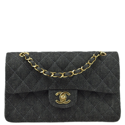 Chanel * 1997-1999 Black Denim Small Classic Double Flap Shoulder Bag