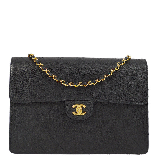Chanel 1997-1999 Black Caviar Jumbo Classic Flap Shoulder Bag
