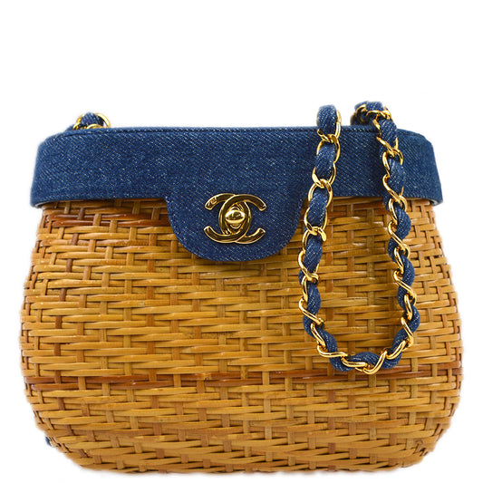 Chanel * 1997-1999 Beige Rattan Denim Basket Chain Shoulder Bag