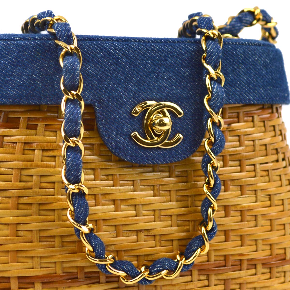 Chanel * 1997-1999 Beige Rattan Denim Basket Chain Shoulder Bag