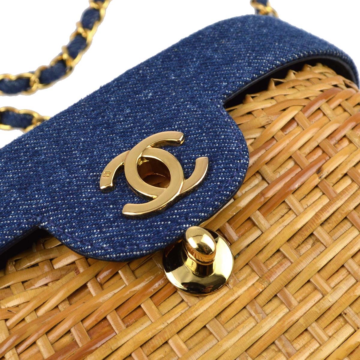 Chanel * 1997-1999 Beige Rattan Denim Basket Chain Shoulder Bag