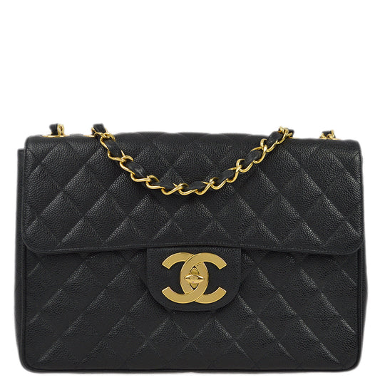 Chanel 1994-1996 Black Caviar Jumbo Classic Flap Shoulder Bag
