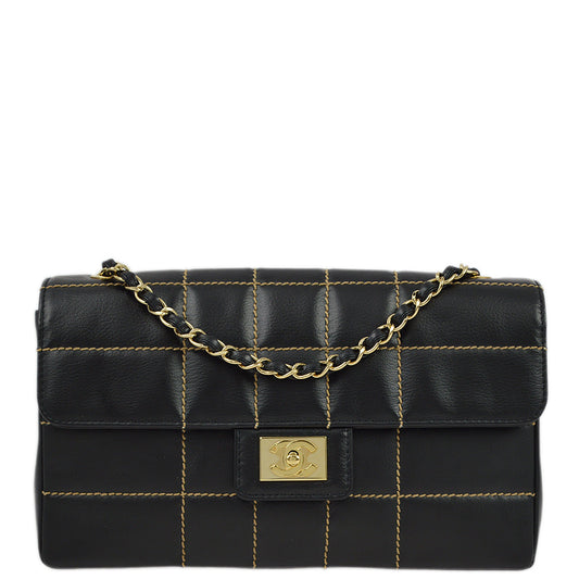 Chanel 2001-2003 Black Calfskin Wild Stitch Choco Bar Single Flap Shoulder Bag