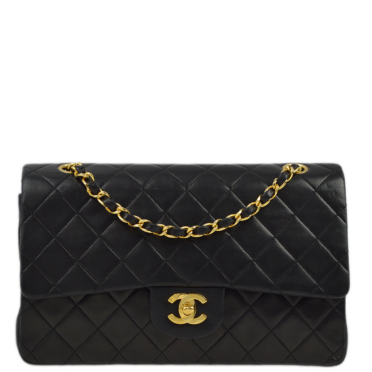 Chanel 1989-1991 Black Lambskin Medium Classic Double Flap Shoulder Bag