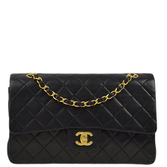 Chanel 1989-1991 Black Lambskin Medium Classic Double Flap Shoulder Bag