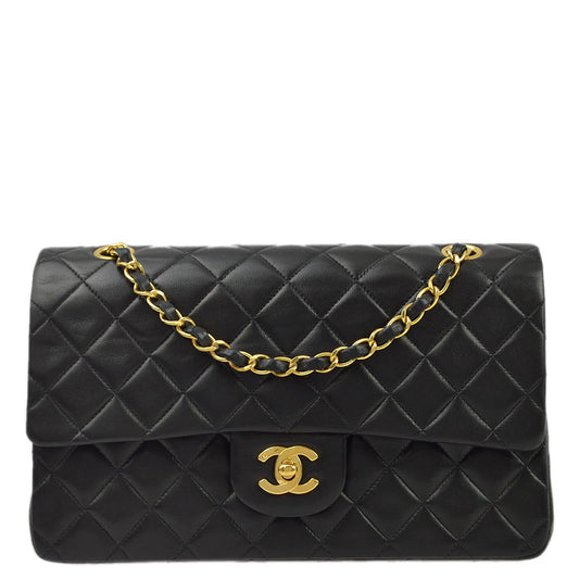 Chanel 1991-1994 Black Lambskin Medium Classic Double Flap Shoulder Bag