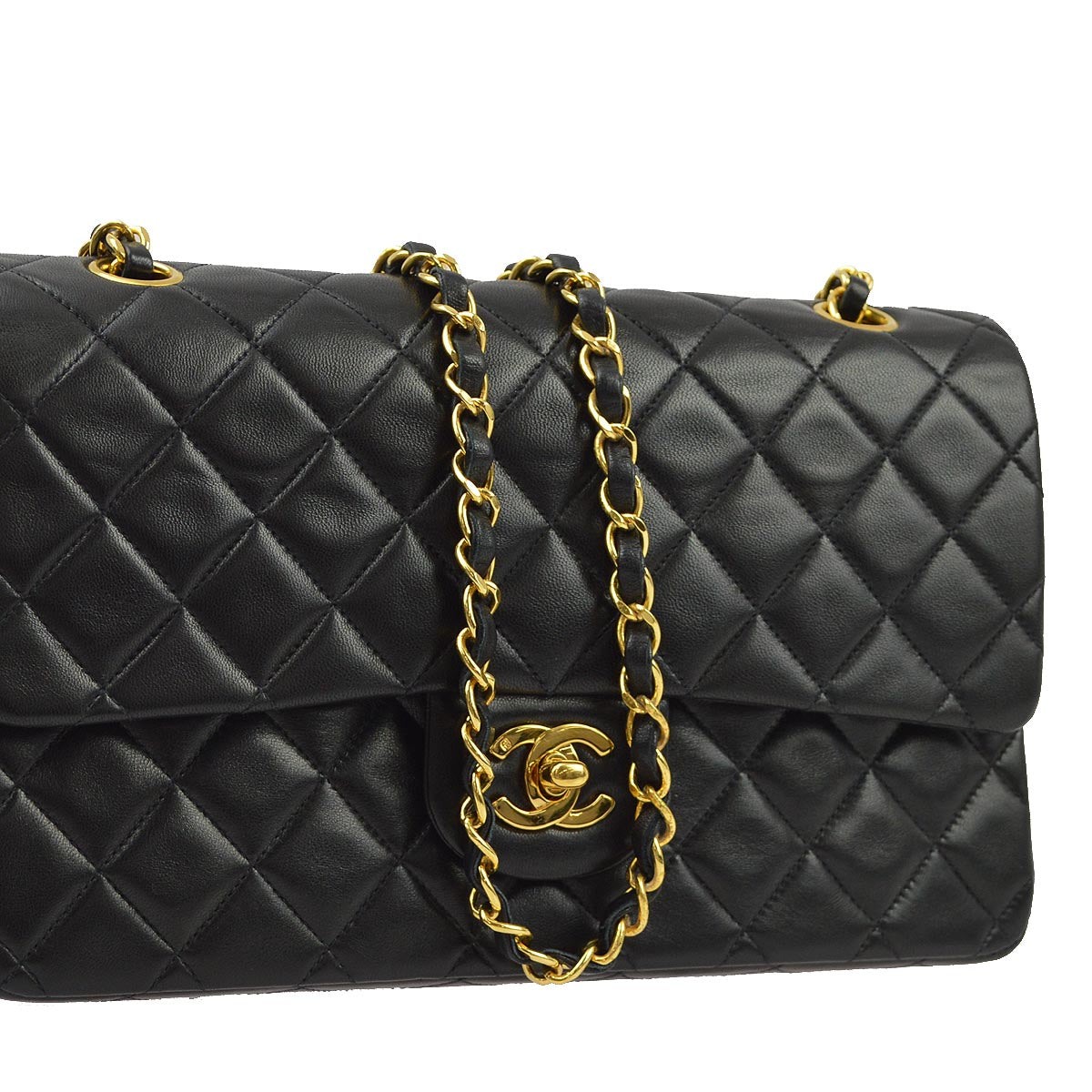 Chanel 1991-1994 Black Lambskin Medium Classic Double Flap Shoulder Bag