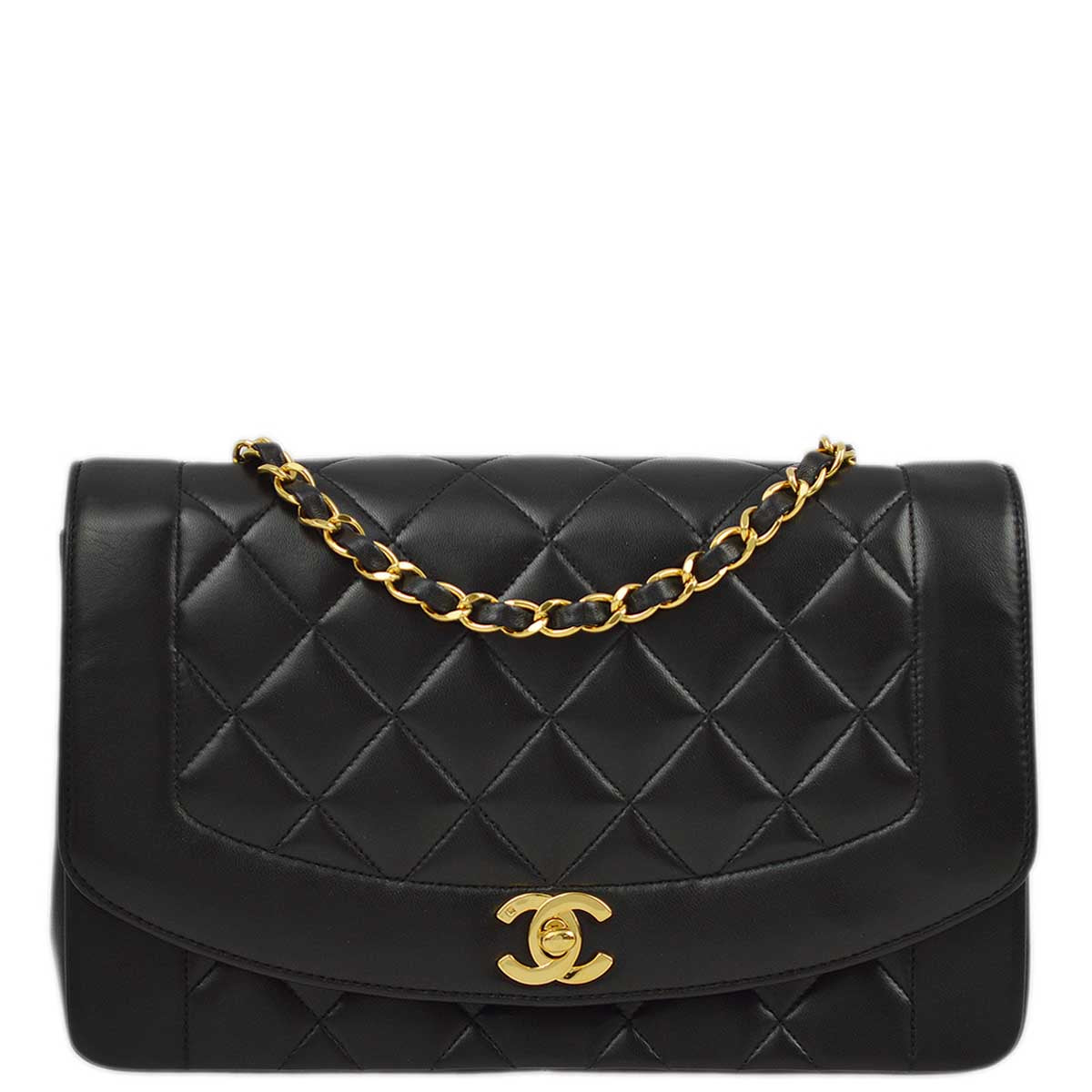 Chanel 1991-1994 Black Lambskin Medium Diana Shoulder Bag