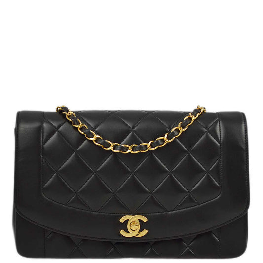 Chanel 1991-1994 Black Lambskin Medium Diana Shoulder Bag