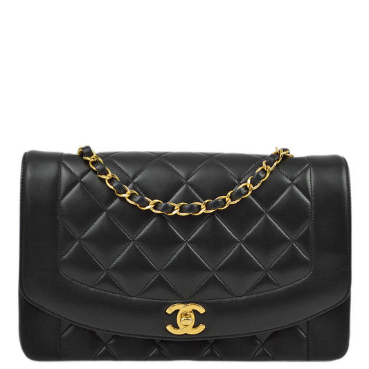 Chanel 1991-1994 Black Lambskin Medium Diana Shoulder Bag