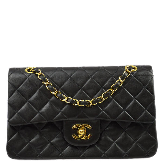 Chanel 1991-1994 Black Lambskin Small Classic Double Flap Shoulder Bag
