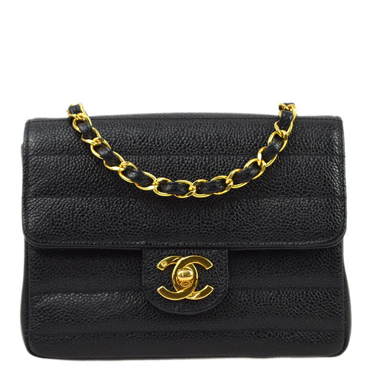 Chanel * 1994-1996 Black Caviar Mini Classic Square Flap Shoulder Bag 17