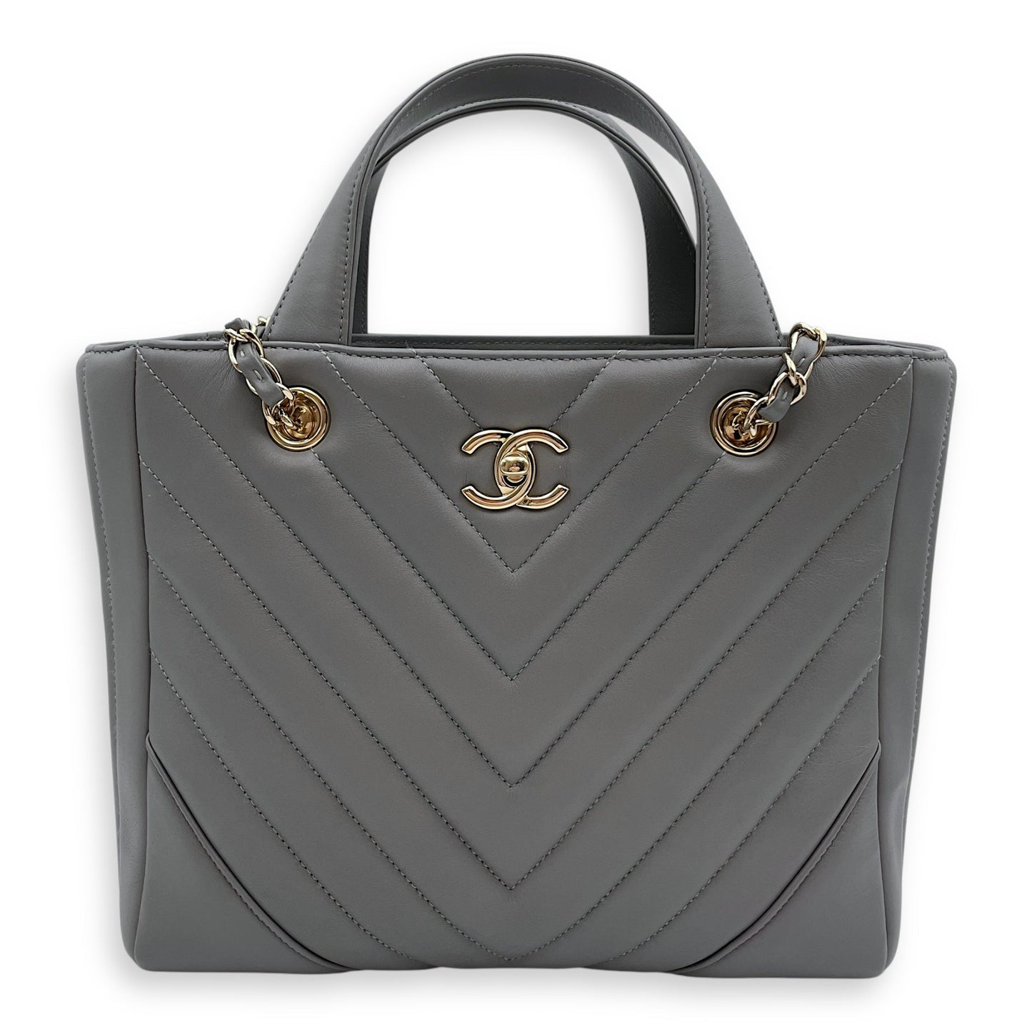 Chevron Print Seasonal Tote 25x21x9cm Grey Shoulder Bag in Lambskin, Gold hardware