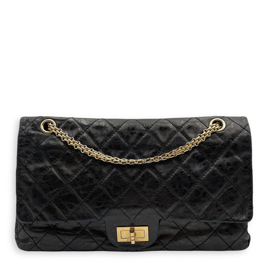 2.55 Reissue (31cm) Black Shoulder Bag in Distressed Leather, Gold hardware
