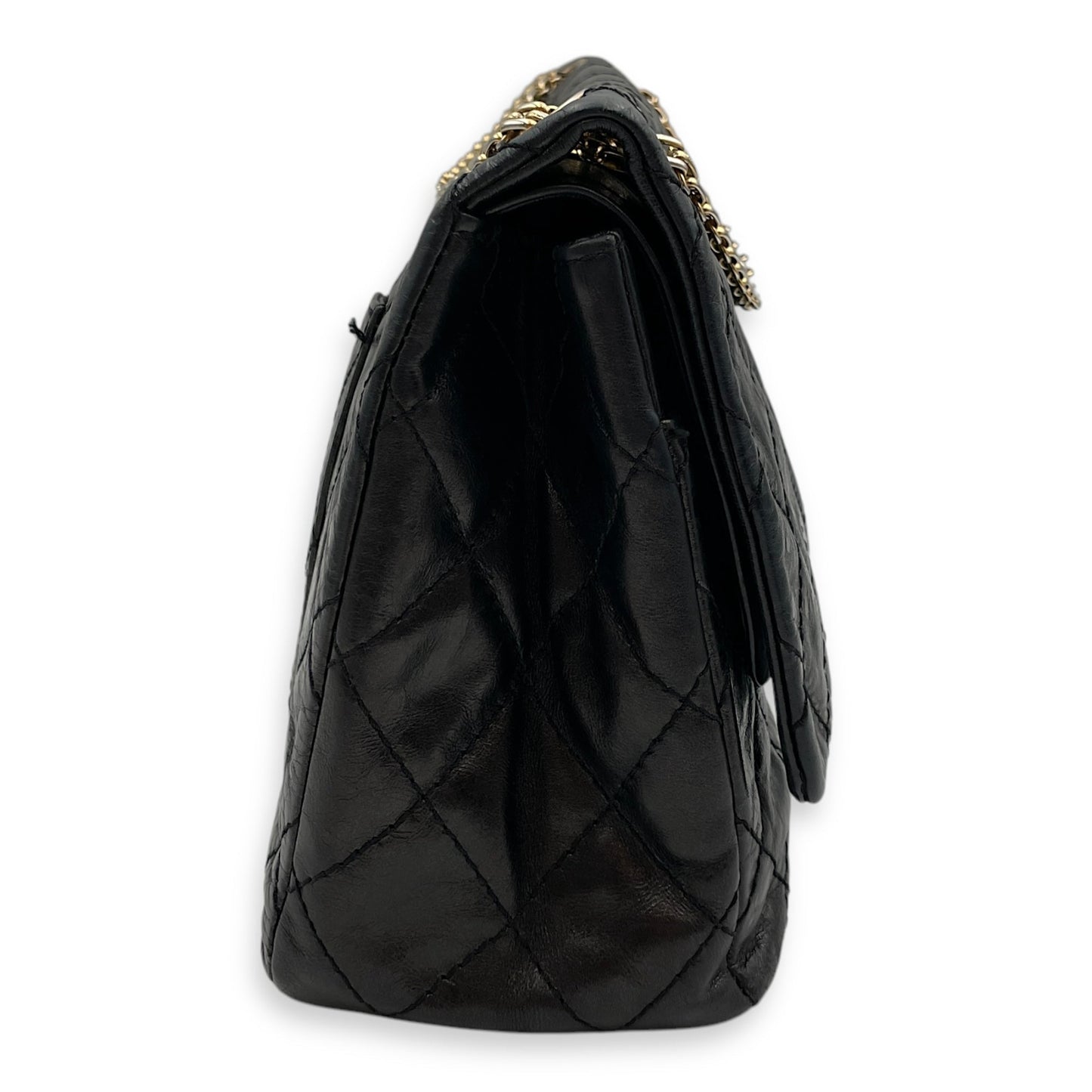 2.55 Reissue (31cm) Black Shoulder Bag in Distressed Leather, Gold hardware