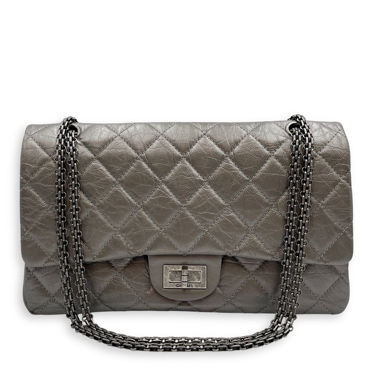 2.55 Reissue Silver Shoulder Bag in Distressed Leather, Ruthenium hardware