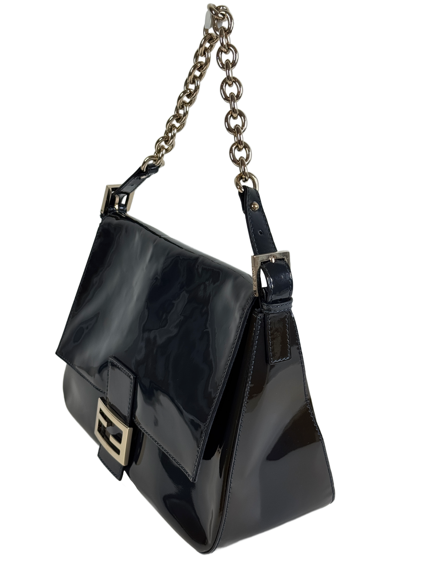 Fendi Navy Blue Patent Leather Forever Mama Baguette Chain Strap Shoulder Bag