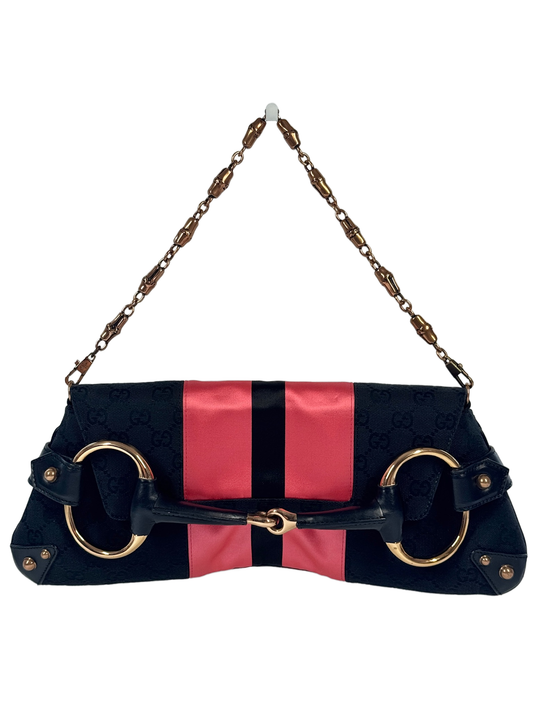 Gucci Vintage Black GG Monogram Gold Horsebit Pink Satin Striped Bamboo Chain Shoulder Clutch Bag