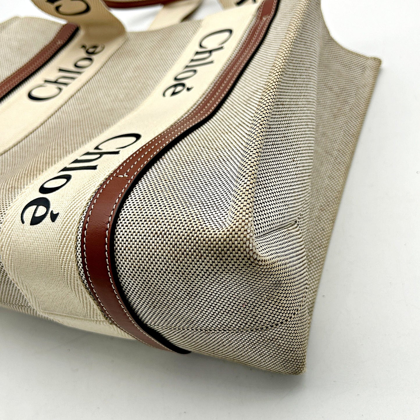 CHLOE Cotton Calfskin Medium Woody Ribbon Tote White Brown LA39604